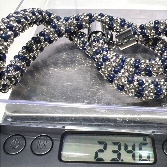Talbots Seed Bead Necklace Navy Silver Tone Twist Rope Choker 18" Magnet Clasp - Picture 8 of 8